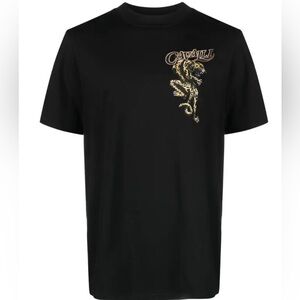 Roberto Cavalli Black Graphic Logo T‑Shirt with Leopard Motif